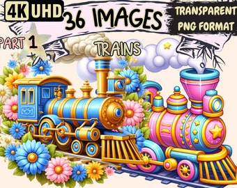 Charming Trains Clipart – 36 PNG Graphics, Railway Printables (Digital Download)