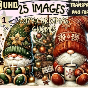 Cozy Christmas Gnomes Clipart - 25 PNG Festive Gnome Illustrations, Warm Holiday Art, Instant Digital Download, Unlimited Commercial Use