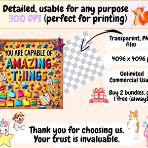 May include: A colorful illustration of a corkboard with the text "You are capable of amazing things" surrounded by stars and other colorful decorations. The illustration is on a light pink background with a checkered pattern in the background.