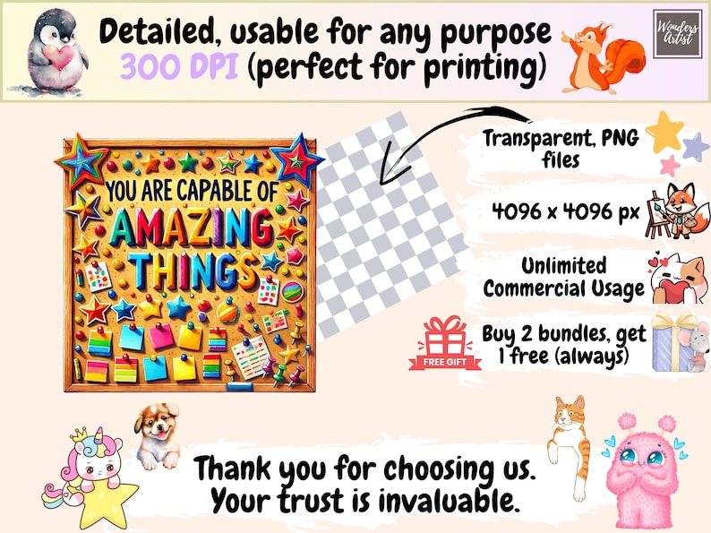 May include: A colorful illustration of a corkboard with the text "You are capable of amazing things" surrounded by stars and other colorful decorations. The illustration is on a light pink background with a checkered pattern in the background.