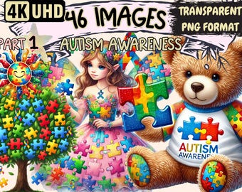 Autism Awareness Clipart - 46 PNG Supportive Illustrations, Advocacy Art, Instant Digital Download, Unlimited Commercial Use for Crafts