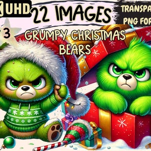 Grumpy Christmas Bears (P3) Clipart - 22 PNG Festive Bear Graphics, Funny Xmas Printables, Instant Digital Download,Unlimited Commercial Use