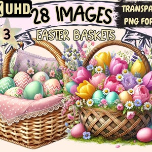 Easter Baskets (P3) Clipart - 28 PNG Spring Graphics, Basket Illustrations, Egg Hunt Printables, Instant Digital Download, Commercial Use
