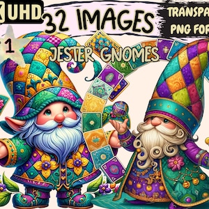 Jester Gnomes Clipart - 32 PNG Whimsical Gnome Graphics, Festive Printables, Instant Digital Download, Unlimited Commercial Use for Crafts