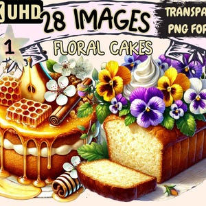 Floral Cakes Clipart - 28 PNG Flower Cake Desserts Graphics, Baking Printables, Instant Digital Download, Unlimited Commercial Use Crafts