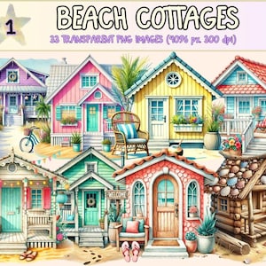 Beach Cottage Clipart: Watercolor Coastal Home Graphics (Digital Download, Commercial Use PNGs)