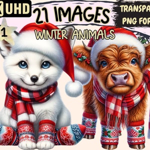 Winter Animals Clipart - 21 PNG Christmas Animal Graphics, Cute Holiday Pets Printables, Instant Digital Download, Unlimited Commercial Use