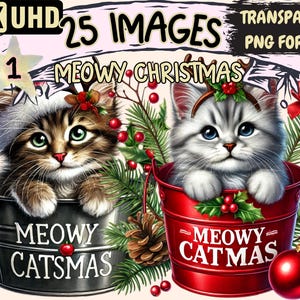 Meowy Christmas Clipart - 25 PNG Festive Cat Illustrations, Holiday Kitten Art, Instant Digital Download, Unlimited Commercial Use Crafts