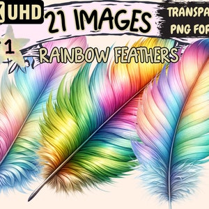 Rainbow Feathers Clipart - 21 PNG Colorful Feather Graphics, Vibrant Printables, Instant Digital Download, Unlimited Commercial Use Crafts