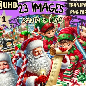 Santa & Elves Clipart - 23 PNG Festive Holiday Illustrations, Christmas Art, Instant Digital Download, Unlimited Commercial Use for Crafts
