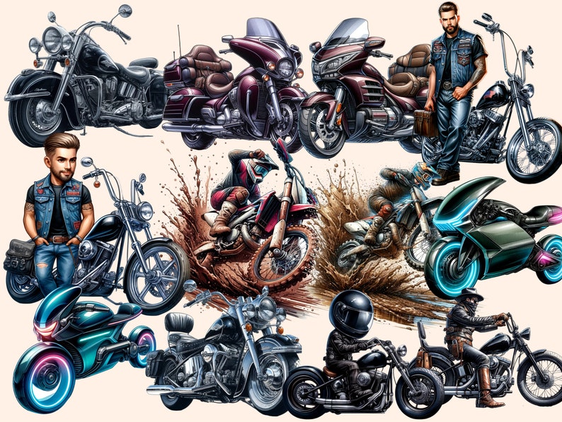 Motorcycles Clipart 24 PNG Motorcycle Bikes Graphics, Rock Biker Vehicle Printables, Instant ...