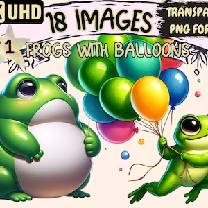 Frogs with Balloons Clipart - 18 PNG Playful Frog Graphics, Colorful Balloon Printables, Instant Digital Download, Unlimited Commercial Use