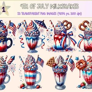 4th of July Milkshakes (P1) Clipart - 23 PNG Patriotic Dessert Graphics, Red White Blue Drink Images,Instant Digital Download,Commercial Use