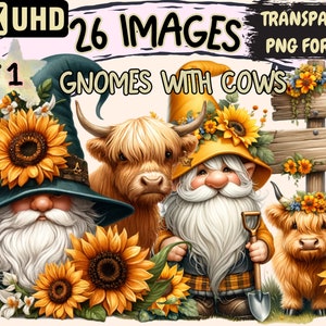 Gnomes with Cows Clipart - 26 PNG Whimsical Gnome and Cow Graphics, Farm Printables, Instant Digital Download, Unlimited Commercial Use