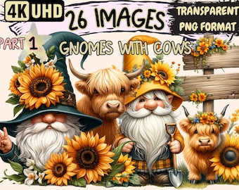 Gnomes with Cows Clipart - 26 PNG Whimsical Gnome and Cow Graphics, Farm Printables, Instant Digital Download, Unlimited Commercial Use