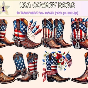 USA Cowboy Boots Clipart - 28 PNG Patriotic Western Graphics, American Flag Boot Illustrations, Instant Digital Download, Commercial Use