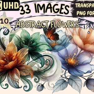 Abstract Flowers (P10) Clipart - 33 PNG Floral Graphics, Beautiful Modern Bloom Designs, Instant Digital Download, Unlimited Commercial Use