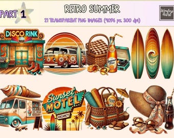 Retro Summer Clipart – Vintage Vacation PNG Graphics (Digital Download)