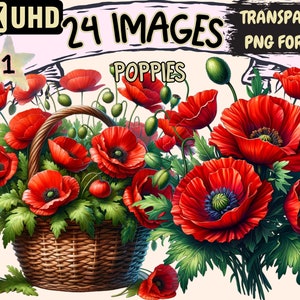 Poppies Clipart - 24 PNG Beautiful Red Flowers Graphics, Vibrant Red Floral Printables, Instant Digital Download, Unlimited Commercial Use