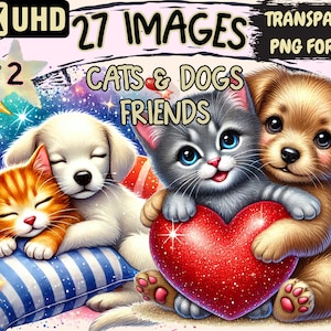 Cats & Dogs Friends (P2) Clipart - 27 PNG Little Pet Illustrations, Cute Animal Art, Instant Digital Download,Unlimited Commercial Use Craft