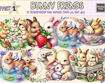 Imágenes prediseñadas de conejitos – Gráficos PNG de conejos en acuarela, ilustraciones de animales de primavera (descarga digital)