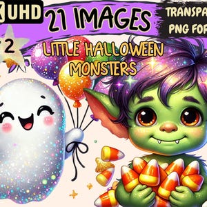 Little Halloween Monsters (P2) Clipart - 21 PNG Cute Illustrations, Spooky Art, Instant Digital Download, Unlimited Commercial Use Crafts