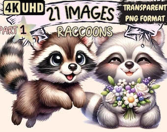 Raccoons Clipart - 21 PNG Adorable Raccoon Graphics, Cute Printables, Instant Digital Download, Unlimited Commercial Use Crafts & Designs