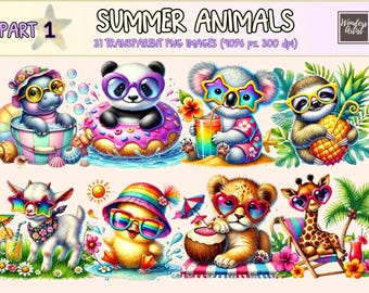 Sommardjur Clipart: Strandillustrationer, Roliga Utskrivbara Bilder (Kommersiellt Bruk, Digital Nedladdning)