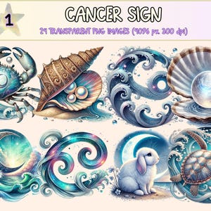 Cancer Sign Clipart - 24 PNG Zodiac Symbol Graphics, Astrology Illustrations, Celestial Printables, Instant Digital Download, Commercial Use
