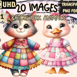 Patchwork Animals Clipart - 20 PNG Adorable Animal Graphics, Cute Little Pet Printables, Instant Digital Download, Unlimited Commercial Use