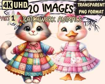 Patchwork Animals Clipart: 20 PNG Graphics (Commercial Use)