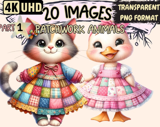 Patchwork Animals Clipart - 20 PNG Adorable Animal Graphics, Cute Little Pet Printables, Instant Digital Download, Unlimited Commercial Use