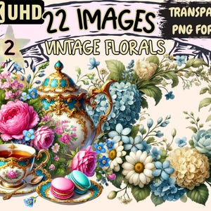 Vintage Florals (P2) Clipart - 22 PNG Elegant Flower Illustrations, Timeless Graphics, Instant Digital Download, Unlimited Commercial Use