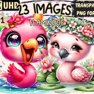 Flamingos Clipart Bundle - 23 PNG Cute Pink Birds Graphics, Adorable Flamingo Images, Instant Digital Download, Unlimited Commercial Use