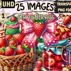 Strawberries Clipart - 25 PNG Sweet Berry Illustrations, Strawberry Fruit Art, Instant Digital Download, Unlimited Commercial Use for Crafts