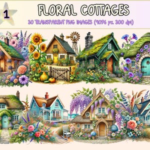 Floral Cottages Clipart - 30 PNG Nature Charming Garden Graphics, Beautiful Cottage Illustrations, Instant Digital Download, Commercial Use