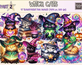 Witch Cats Clipart – 47 Magical Halloween PNG Illustrations (Digital Download)
