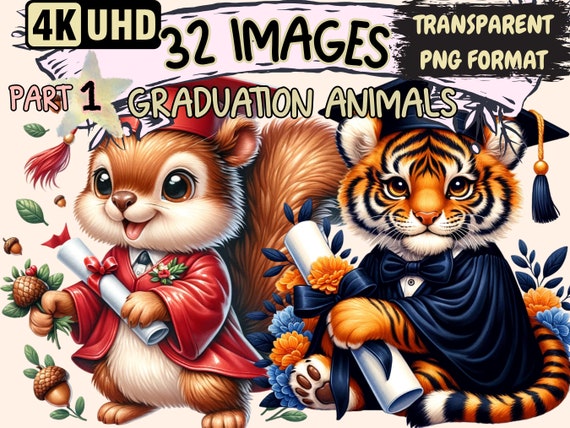 Graduation Animals Clipart – 32 PNG Graphics, Commercial Use (Digital Download)