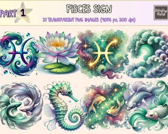 Pisces Sign Watercolor Clipart – Zodiac Astrology PNG (Digital Download)