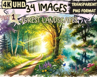 Forest Landscapes Clipart - 34 PNG Scenic Forest Graphics, Nature Printables, Instant Digital Download, Unlimited Commercial Use for Crafts