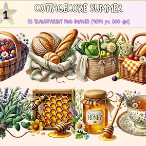 Cottagecore Summer Clipart - 23 PNG Rustic Picnic Graphics, Floral Basket & Honey Illustrations, Instant Digital Download, Commercial Use