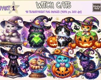 Witch Cats Clipart – 48 Magical Halloween PNG Illustrations (Digital Download)