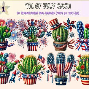 4th of July Cacti (P1) Clipart - 20 PNG Patriotic Cactus Graphics, Red White Blue Succulent Images, Instant Digital Download, Commercial Use