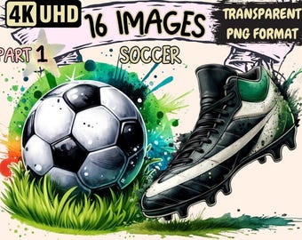 Soccer Clipart – 16 PNG Dynamic Football Graphics, Commercial Use (Digital Download)