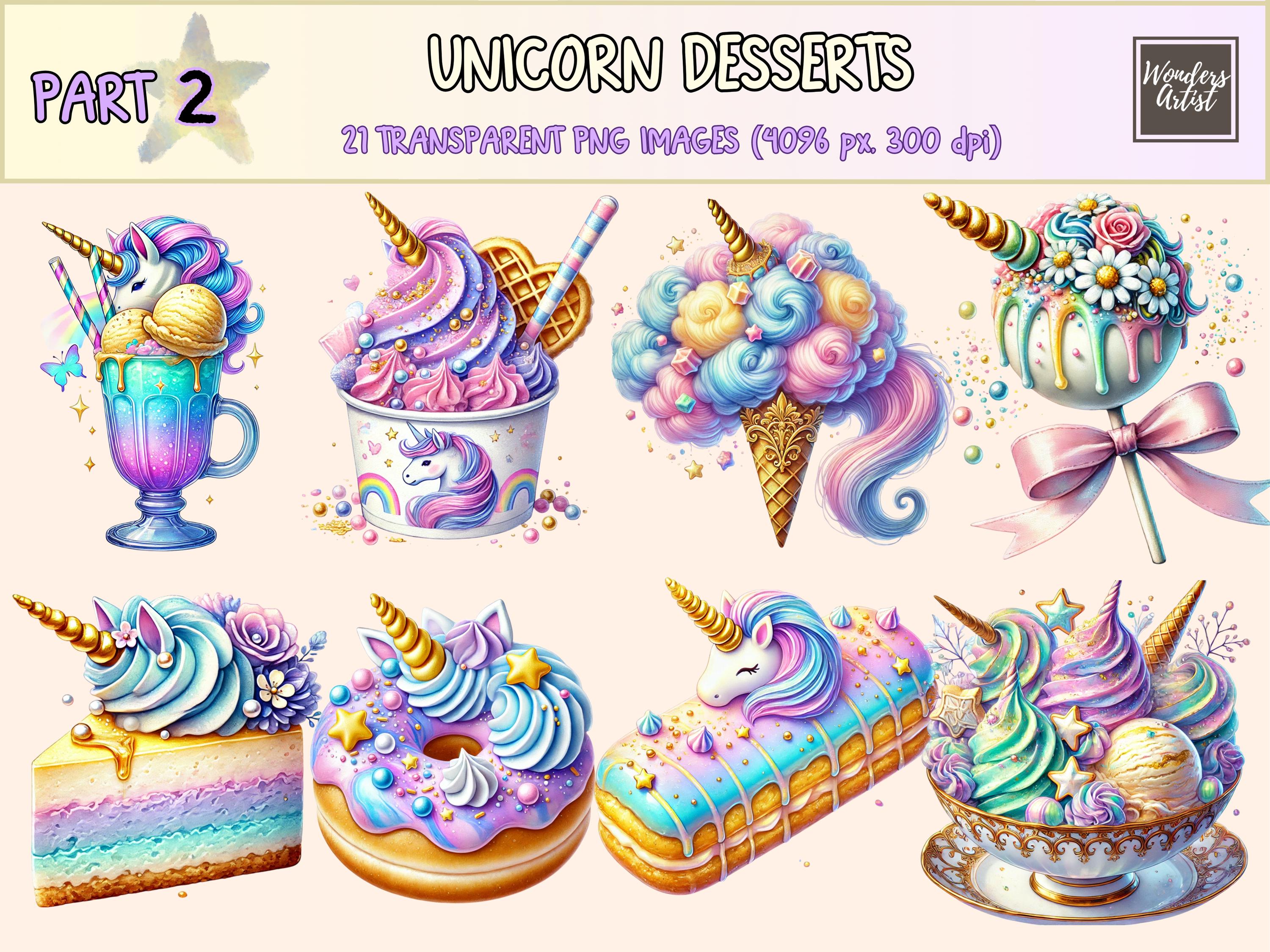 Unicorn Desserts (P2) Clipart - 21 PNG Whimsical Sweet Treat Graphics, Fantasy Cupcake Illustrations,Instant Digital Download,Commercial Use