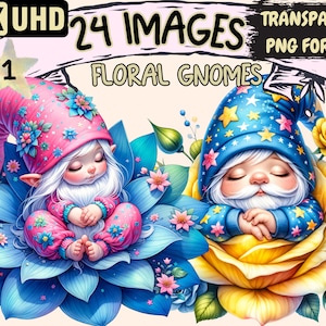 Floral Gnomes Clipart - 24 PNG Baby Gnomes Sleeping in Flowers Images, Gnomes Printables, Instant Digital Download, Unlimited Commercial Use