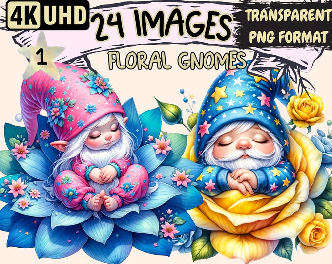 Floral Gnomes Clipart - 24 PNG Baby Gnomes Sleeping in Flowers Images, Gnomes Printables, Instant Digital Download, Unlimited Commercial Use