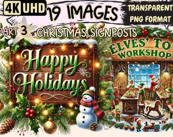 Christmas Signpost Clipart – Holiday Festive Signs, Commercial Use (PNG Digital Download)