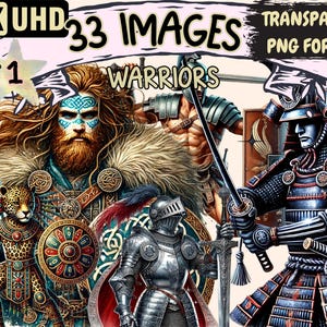 Warriors Clipart - 33 PNG Battle-Ready Illustrations, Heroic Battle Knight Art, Instant Digital Download, Unlimited Commercial Use Crafts