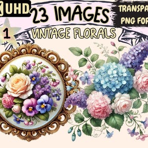 Vintage Florals (P1) Clipart - 23 PNG Elegant Flower Illustrations, Timeless Graphics, Instant Digital Download, Unlimited Commercial Use